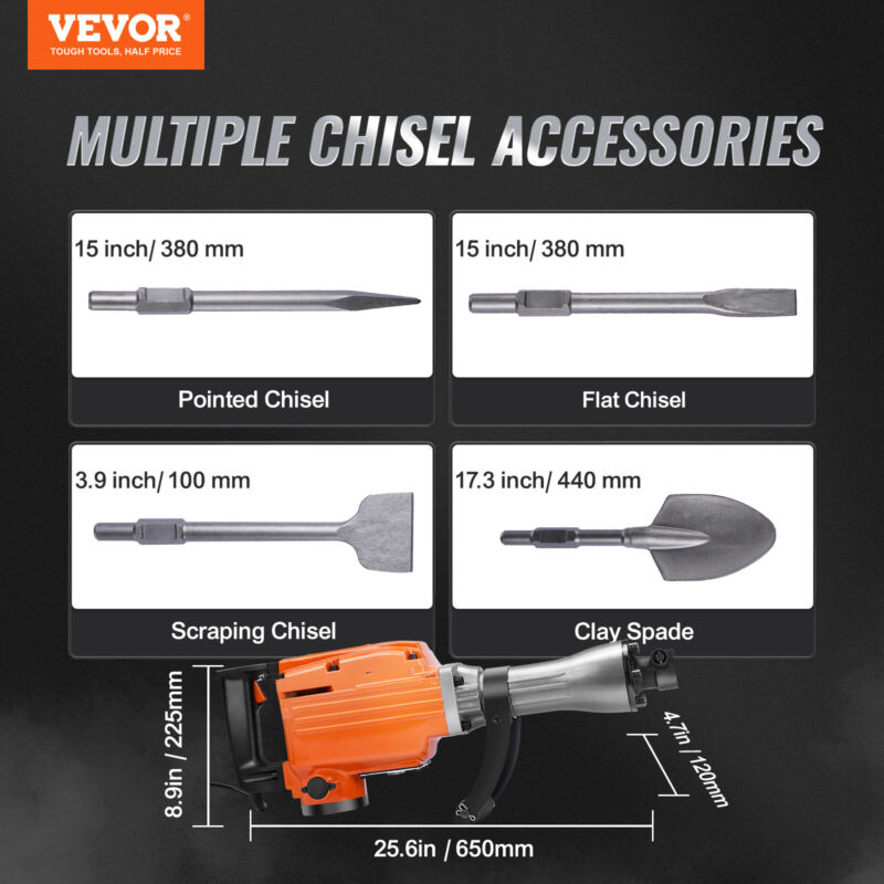 VEVOR Electric Demolition Jack Hammer 2200W Concrete Breaker w/ 4 Chisels Bits