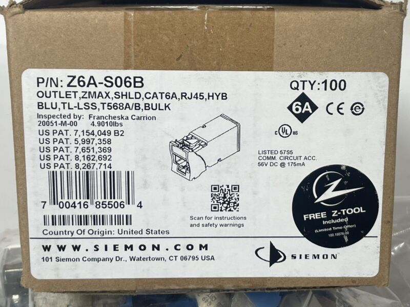 100x SIEMON Z6A-S06B JACK CAT6A RJ45 Z-MAX OUTLET SHIELDED HYBRID TL-LSS T568A/B