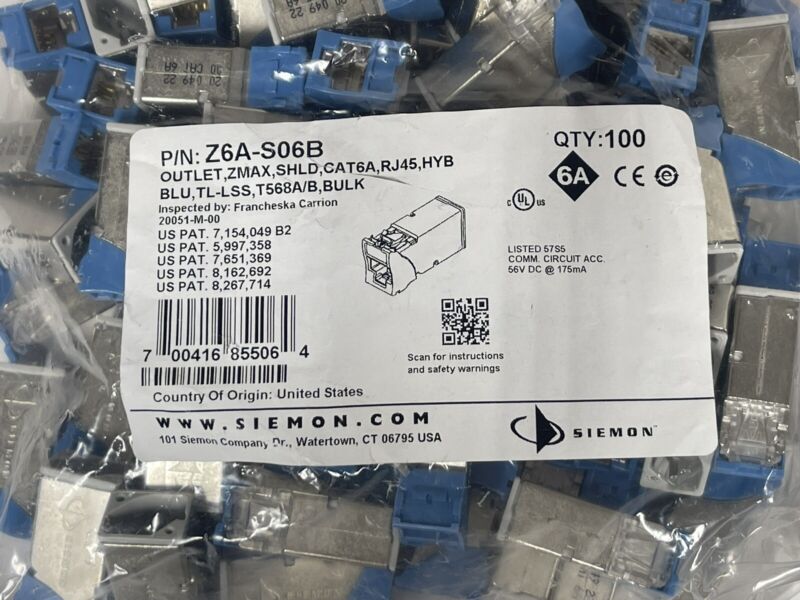 100x SIEMON Z6A-S06B JACK CAT6A RJ45 Z-MAX OUTLET SHIELDED HYBRID TL-LSS T568A/B