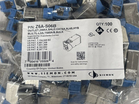 100x SIEMON Z6A-S06B JACK CAT6A RJ45 Z-MAX OUTLET SHIELDED HYBRID TL-LSS T568A/B