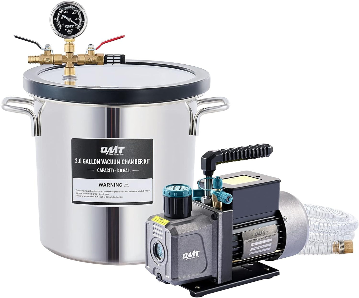 Orion Motor Tech Cámara de Vacío y Bomba de 3 Galones, kit de Desgasificación de Resina Epoxi, Cámara de Vacío de Acero Inoxidable y Bomba de Vacío de 3.5 CFM para el Hogar (3 Galones)