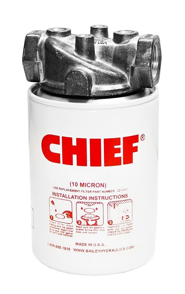 Chief Conjunto de filtros giratorios - Filtro hidráulico de 10 micrones - Conjunto de filtro hidráulico con derivación de 15 PSI 250 PSI, 25 GPM, puerto de entrada/salida NPTF de 3/4 pulgadas, rosca de 1 a 12, sin puerto indicador 10 micrones con puertos indicadores