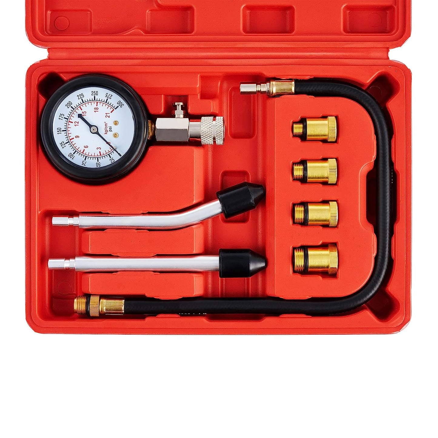 OMT Probador de compresión, 8 manómetro de presión de cilindro de motor para motor de gasolina, probador de compresión de motor de 0-300 PSI, automotriz con adaptadores para coches, camiones, motocicletas, marines ATV UTV