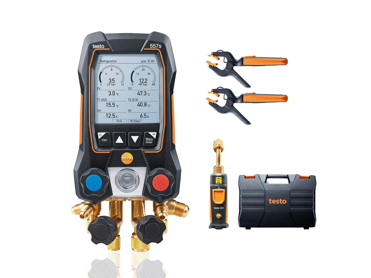 Testo - Kit automotriz 550i con colector digital operado vía aplicación, abrazadera de tubo, termómetro para aire acondicionado, sistemas de refrigeración, bombas de calor y Bluetooth