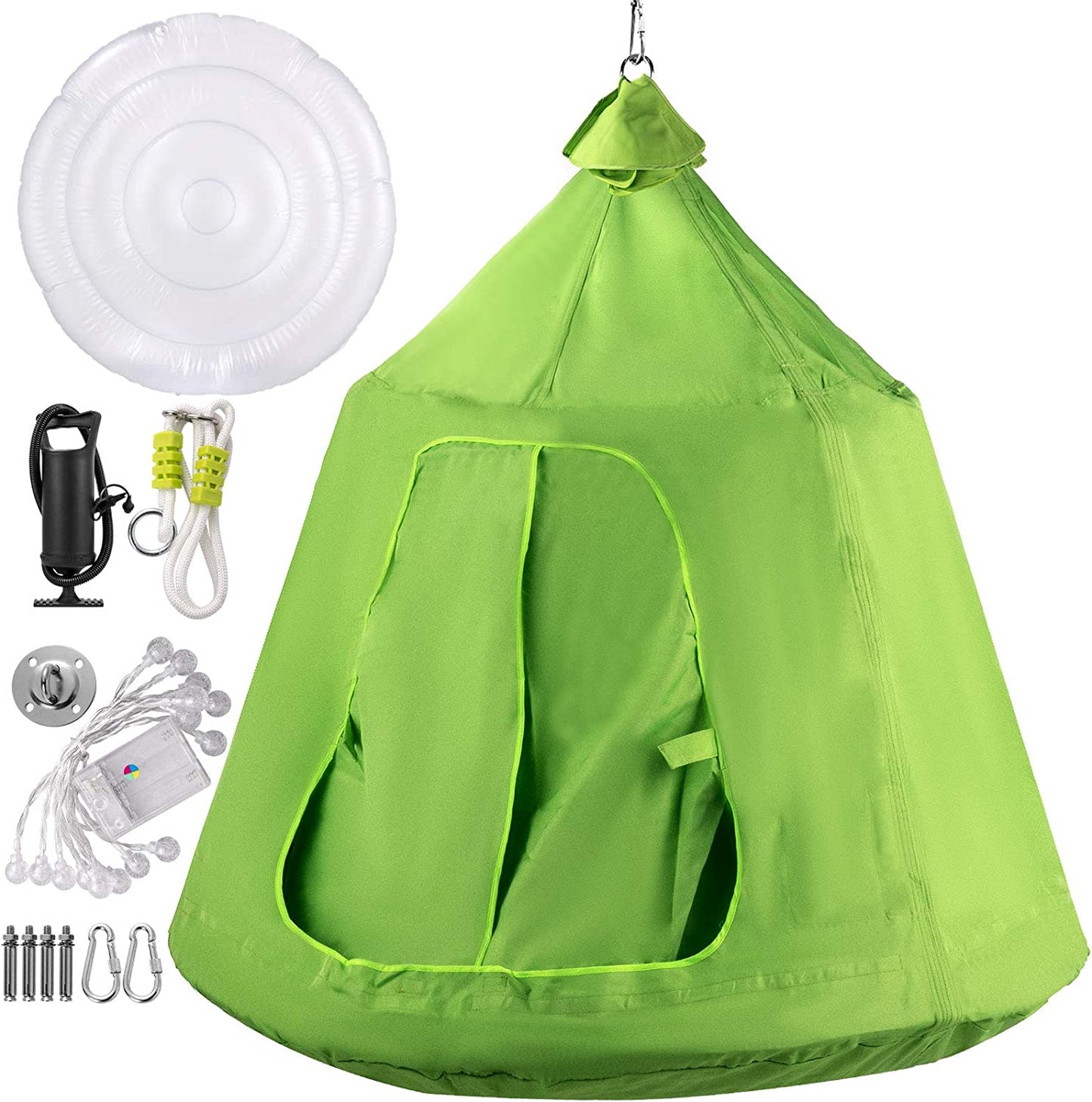 VEVOR Tienda de campaña colgante para árbol, capacidad máxima de 440 libras, tienda de campaña para árbol con cojín inflable de luz LED arco iris, hamaca de techo para niños y adultos, interior y exterior, verde