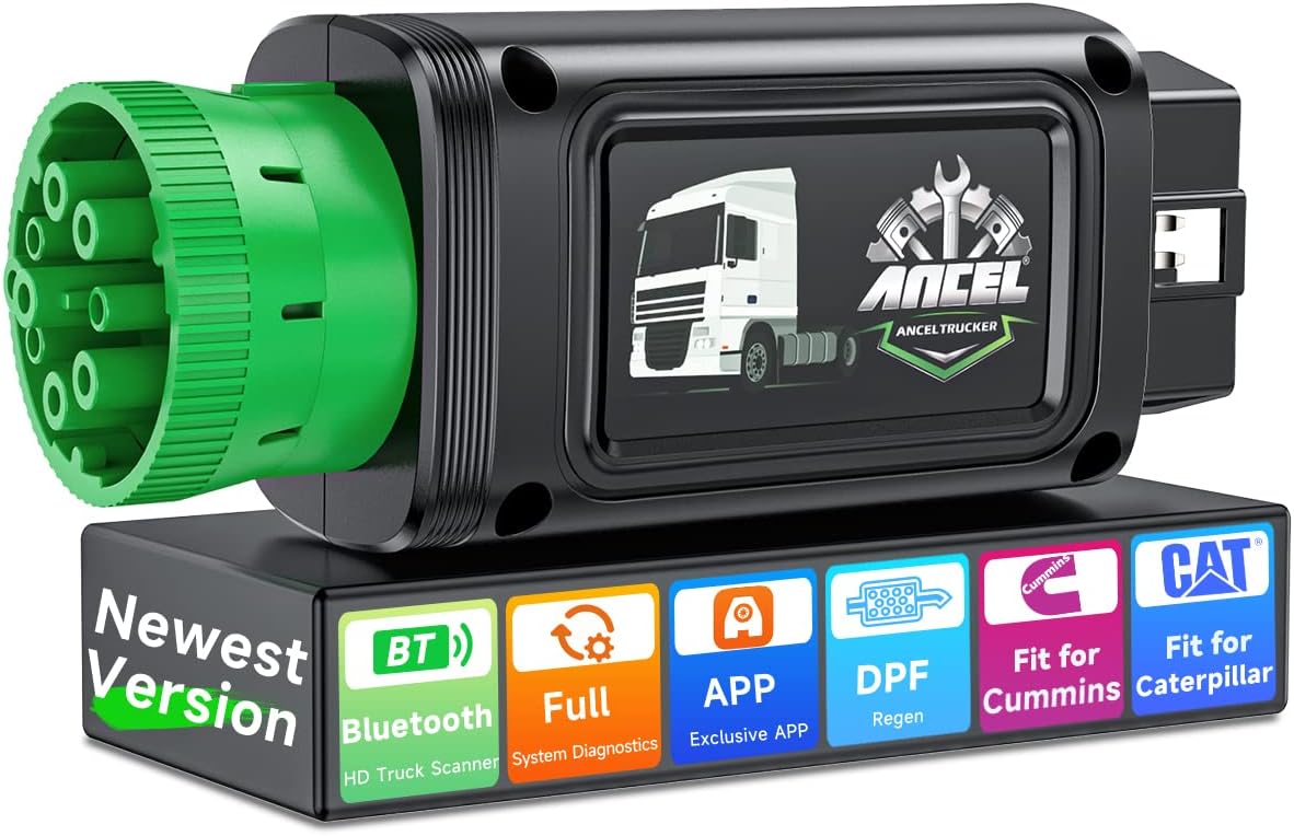 ANCEL Escáner de camión resistente Bluetooth HD100, D-P-F Regen&Reset mejorado para Cummins Caterpillar, herramienta de escaneo de sistema completo OBD diesel para Detroit, Paccar, herramienta de reparación de camiones comerciales internacionales Verde