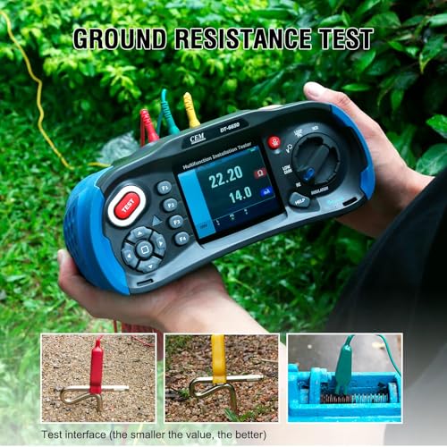 CEM Probador de instalación multifunción DT-6650 con kit de prueba de resistencia a tierra – Incluye sondas, cables (rojo, verde, amarillo), varillas de hierro y clips de soporte 400V TN