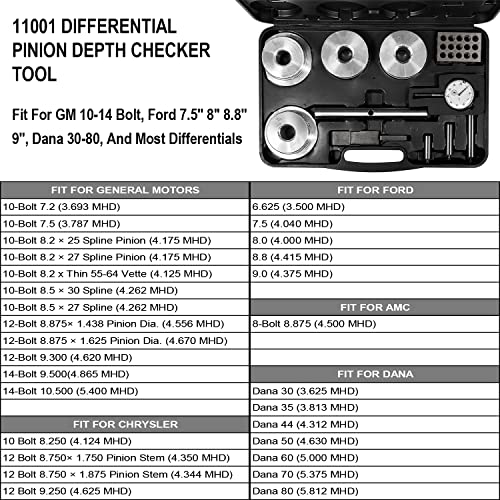 11001 Kit de herramientas de servicio de comprobador de profundidad de piñón diferencial apto para pernos GM 10-14, para Ford 7.5 pulgadas, 8 pulgadas, 8.8 pulgadas, 9 pulgadas, para Dana 30-80, para