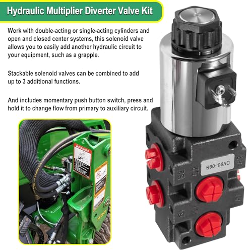 Válvula solenoide de desviador multiplicador hidráulico de 24 GPM, 6 puertos, 3625 PSI máximo, 12 VCC, con interruptor, arnés de extensión, adaptadores de acoplador de ag