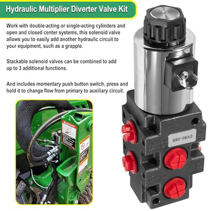 Válvula solenoide de desviador multiplicador hidráulico de 24 GPM, 6 puertos, 3625 PSI máximo, 12 VCC, con interruptor, arnés de extensión, adaptadores de acoplador de ag