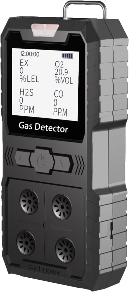 Detector de 4 gases, 4 monitores de gas portátil Detector de gas múltiple H2S, O2, CO y EX Pantalla LCD recargable Monitor H2s, sensor de calidad, medidor de gas de 13.1 ft (negro)
