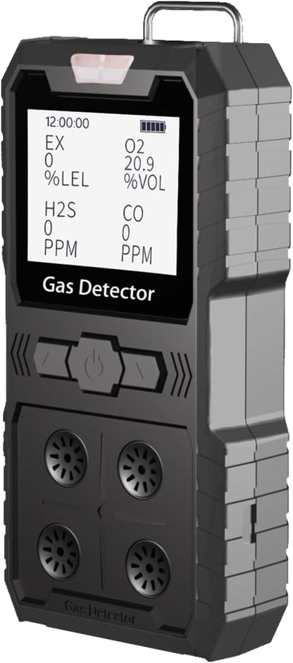 Detector de 4 gases, 4 monitores de gas portátil Detector de gas múltiple H2S, O2, CO y EX Pantalla LCD recargable Monitor H2s, sensor de calidad, medidor de gas de 13.1 ft (negro)