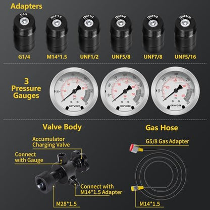 Kit de carga de acumulador de nitrógeno hidráulico con 3 medidores de prueba de presión y 7 adaptadores (M28* 1.5, UNF 5/8, UNF 1/2, etc.), kit de carga de nitrógeno métrico para acumulador GRYVOZE