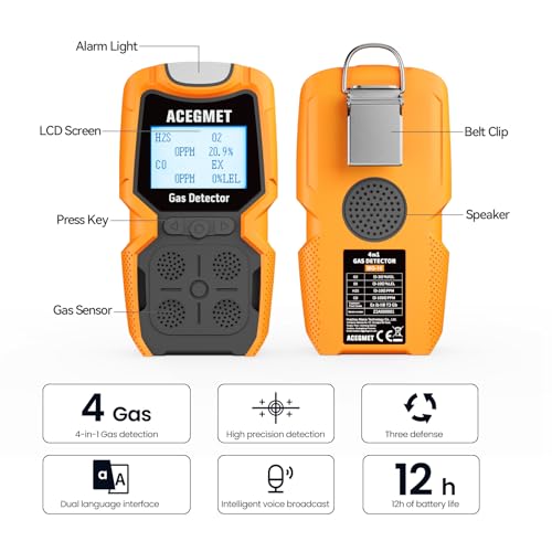 Detector de gas, monitor de gas ACEGMET 4, indicador múltiple (vibración, audible, visual) H2S, O2, CO y LEL 4, monitor de gas recargable personal de 4 medidores de gas, 2 años de vida del sensor de