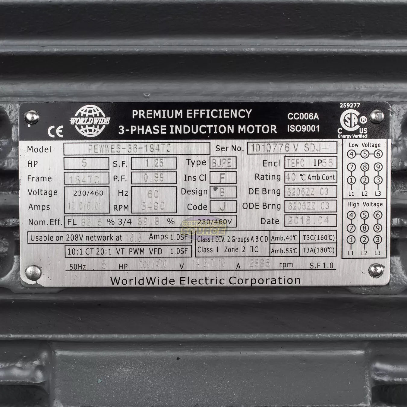 Motor eléctrico trifásico de 5 HP con cara C 3600 RPM 184TC TEFC 230/460 voltios para servicio severo PEWWE5-36-184TC