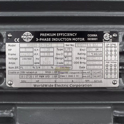 Motor eléctrico trifásico de 5 HP con cara C 3600 RPM 184TC TEFC 230/460 voltios para servicio severo PEWWE5-36-184TC