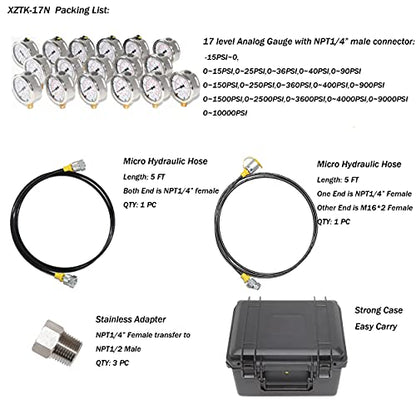 XZT Kit de manómetro analógico de presión hidráulica 17N, conjunto de manómetros de presión, manguera de prueba, con entrada de base NPT