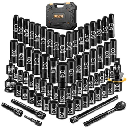 BOEN Juego de llaves de impacto de 1/2 pulgada, 72 piezas estándar SAE (5/16"-1-1/4") y métrico (0.315-0.945 in), kit profundo y poco profundo | Incluye mango de trinquete y adaptadores | Barra de