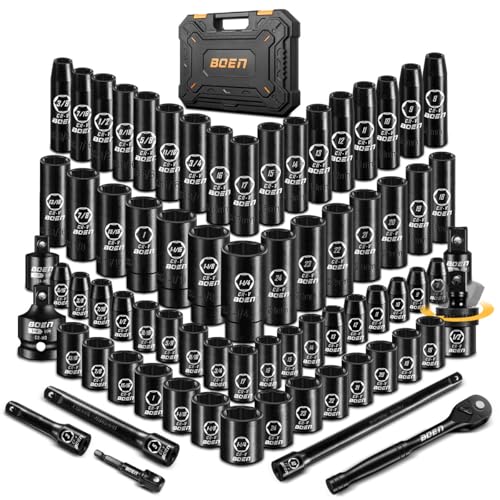 BOEN Juego de llaves de impacto de 1/2 pulgada, 72 piezas estándar SAE (5/16"-1-1/4") y métrico (0.315-0.945 in), kit profundo y poco profundo | Incluye mango de trinquete y adaptadores | Barra de