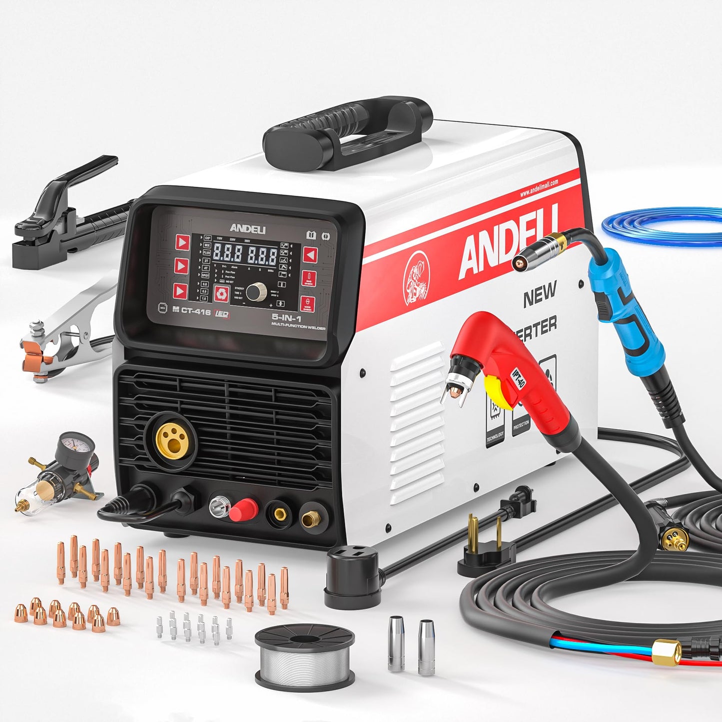 ANDELI 5 en 1 cortador de plasma soldador combo, 160Amp 110/220V Máquina de soldadura de doble voltaje, Gas MIG/Flux MIG/Lift TIG/Stick/Cut Multi-Proceso Soldador (MCT-416 PRO)