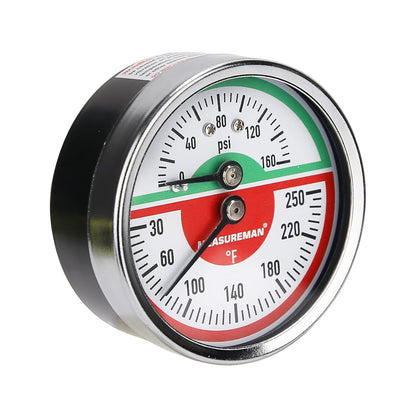 Measureman Tridicador, termo-manómetro, 2-1/2 pulgadas, relleno de aceite de silicona, 0-160 psi/30-250 grados F, caja de acero inoxidable, medidor de presión de montaje inferior NPT de 1/4 pulgadas