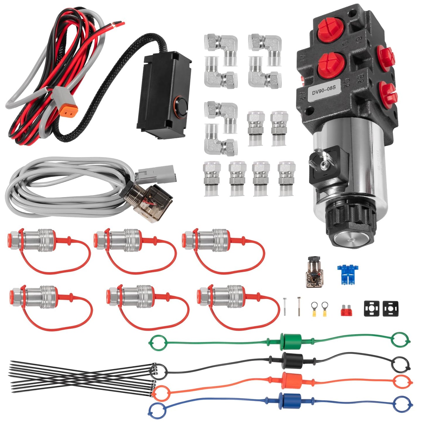 Válvula solenoide de desviador multiplicador hidráulico de 24 GPM, 6 puertos, 3625 PSI máximo, 12 VCC, con interruptor, arnés de extensión, adaptadores de acoplador de ag
