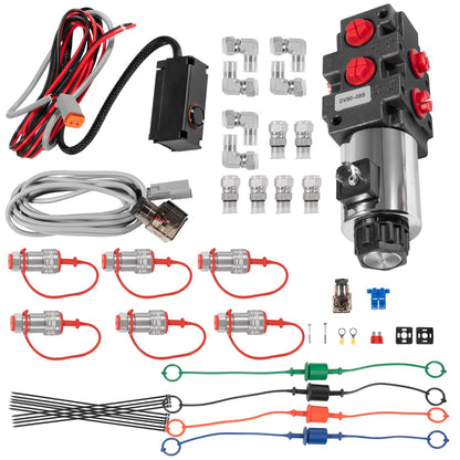 Válvula solenoide de desviador multiplicador hidráulico de 24 GPM, 6 puertos, 3625 PSI máximo, 12 VCC, con interruptor, arnés de extensión, adaptadores de acoplador de ag