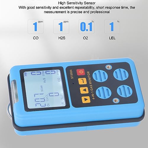 Detector de Gas, 4 en 1 CO H2S O2 LEL Monitor de Gas Medidor Analizador con 3 Modos de Alarma Alarma de Vibración de Luz de Sonido, Pantalla Retroiluminada Recargable Probador de