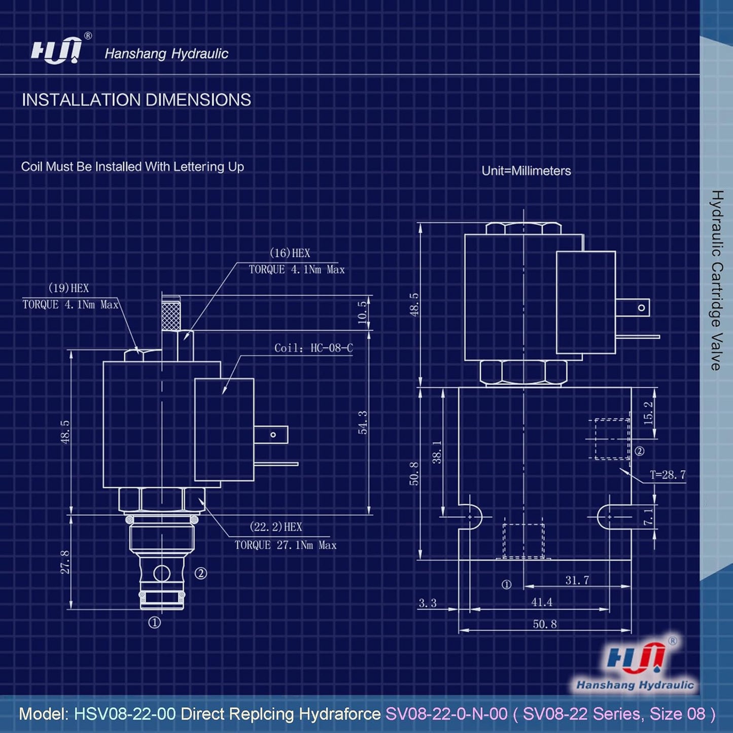 Válvula de cartucho de solenoide, válvula electromagnética hidráulica de dos posiciones normalmente cerrada Reemplazo comparable a Hydraforce SV10-20-0-N-00 (HSV10-20-00)
