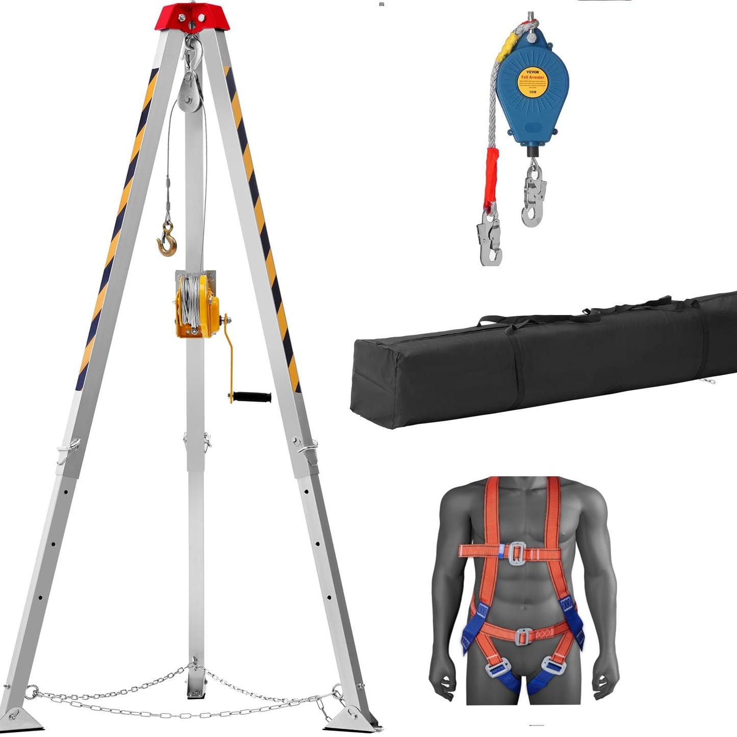 VEVOR Kit de trípode para espacios confinados con cabrestante de 1200 libras, trípode de espacio confinado con patas de 7 pies y cable de 98 pies, trípode de rescate de espacio confinado de 33 pies
