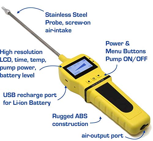 FORENSICS DETECTORS FD - Analizador detector de oxígeno O2 + bomba con sonda de FORENSICS - Calibrado NIST de Estados Unidos - Recarga USB - Alarmas de sonido, luz y vibración - 0-30% O2 -