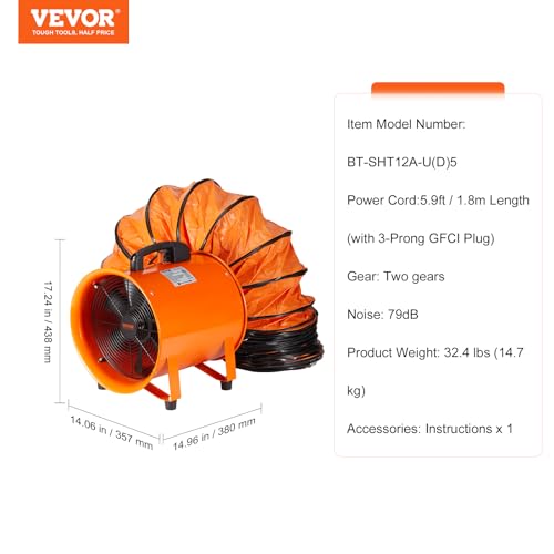 VEVOR Ventilador portátil con manguera, 2 velocidades, ventilador de escape de 12 pulgadas con conducto flexible de 16.4 pies, motor de aire industrial de alta velocidad de 560 W 2894 CFM para