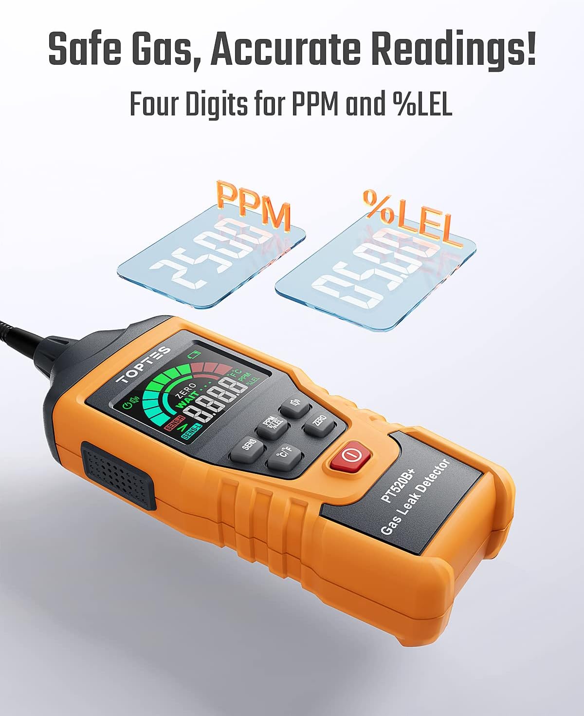 TopTes PT520B+ - Detector de fugas de gas recargable con una sonda de 43,5 cm para ubicar fugas de gas para propano, gas natural, metano, GLP en RV o hogar, medición de PPM o %LEL, color naranja