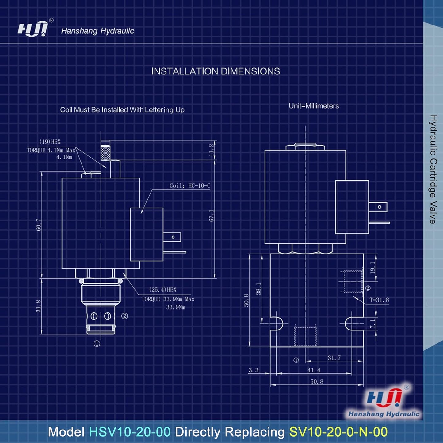 Válvula de cartucho de solenoide, válvula electromagnética hidráulica de dos posiciones normalmente cerrada Reemplazo comparable a Hydraforce SV10-20-0-N-00 (HSV10-20-00)
