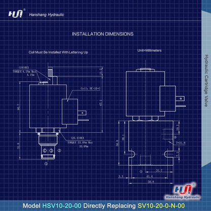 Válvula de cartucho de solenoide, válvula electromagnética hidráulica de dos posiciones normalmente cerrada Reemplazo comparable a Hydraforce SV10-20-0-N-00 (HSV10-20-00)