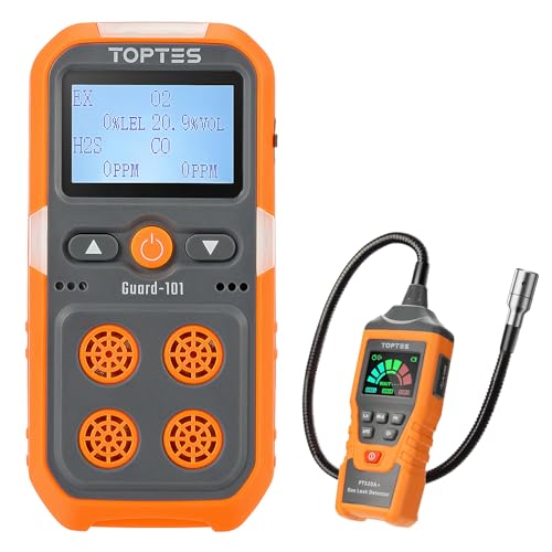 Guard-101 y PT520A+ - Detector de gas, 4 monitores de gas para H2S, CO, LEL, O2 + detector de fugas de gas recargable con sonda de 17 pulgadas para el hogar y el trabajo, incluye batería de