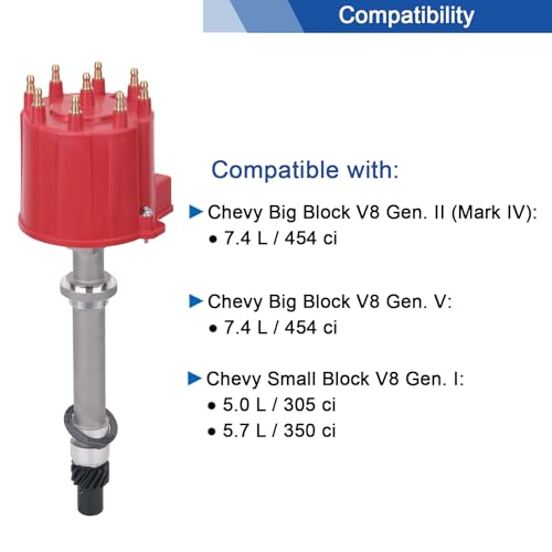 Distribuidor de encendido con tapa y rotor compatible con Chevrolet GMC 5.0L 5.7L 7.4L C/K Pickup Truck Van OEM 1103838 1103698 606-02302 606-02257, tapa roja, FDQ003