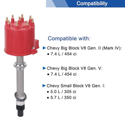 Distribuidor de encendido con tapa y rotor compatible con Chevrolet GMC 5.0L 5.7L 7.4L C/K Pickup Truck Van OEM 1103838 1103698 606-02302 606-02257, tapa roja, FDQ003