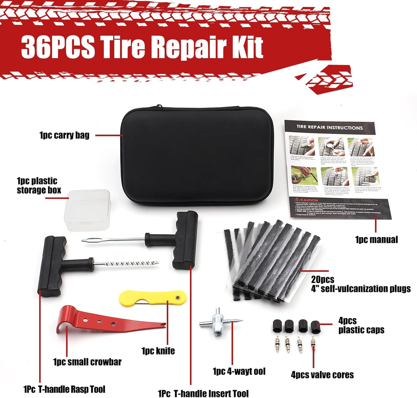 Handfly - Kit de reparación de neumáticos de alta resistencia, kit de 39 tapones de neumáticos para coche, motocicleta, camión, tractor, remolque, RV, ATV, ARB, SUV