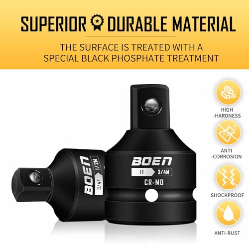 BOEN Juego de adaptador y reductor de llaves de impacto de 10 piezas, SAE estándar de 1/4 pulgadas 3/8 pulgadas 1/2 pulgadas 3/4 pulgadas, kit de conversión de llave y destornillador de acero CR-MO