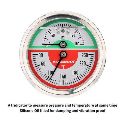 Measureman Tridicador, termo-manómetro, 2-1/2 pulgadas, relleno de aceite de silicona, 0-160 psi/30-250 grados F, caja de acero inoxidable, medidor de presión de montaje inferior NPT de 1/4 pulgadas