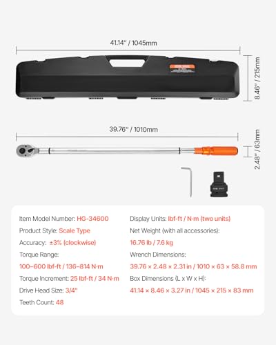 Llave dinamométrica de 3/4 pulgadas 100-600fFT.LB/136-814Nm, adaptador de 1 pulgada, haz dividido, 48 pulgadas de longitud, menos esfuerzo #HG-34600