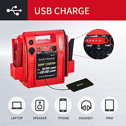 Arrancador de batería 12V/24V de 1800/900 amperios, paquete de refuerzo de batería de camión y cables de puente comerciales, incluye alimentación DC/USB para cargar teléfonos y tabletas, abrazaderas de batería de caja de salto