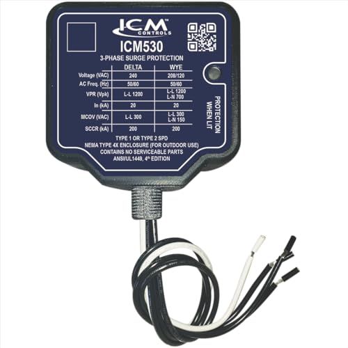 ICM530 trifásico Tipo I/II SPD; NEMA Tipo 4X Caja de plástico impermeable con conexión de conducto de 3/4" y LED de estado; 240VAC Delta o 120/208 VCA Wye Config. SCCR: 200 kA, listado UL
