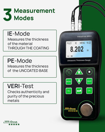 Medidor de espesor ultrasónico Industrial-888X – Eco-Echo Through Coating hasta 19,7 mils (500 μm), Pulse-Echo para hierro fundido, Exportación de datos de PC, Medidor de espesor NDT 0.039–19.685 in. VVV-Group
