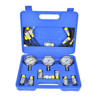 Kit de prueba de presión hidráulica que incluye 3 medidores de presión, 8 conectores y 3 mangueras, herramienta de prueba de presión de equipos hidráulicos para aceite