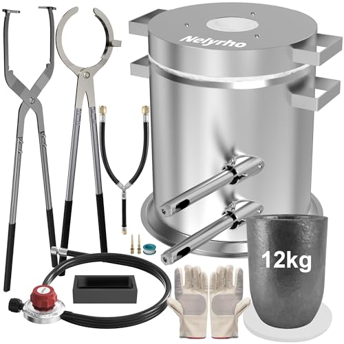 Nelyrho Kit de horno de fundición de propano de 26.5 lbs con 2 pinzas de crisol, horno de fundición de acero inoxidable completo para fundición de oro, plata, cobre, aluminio, metal, reciclaje