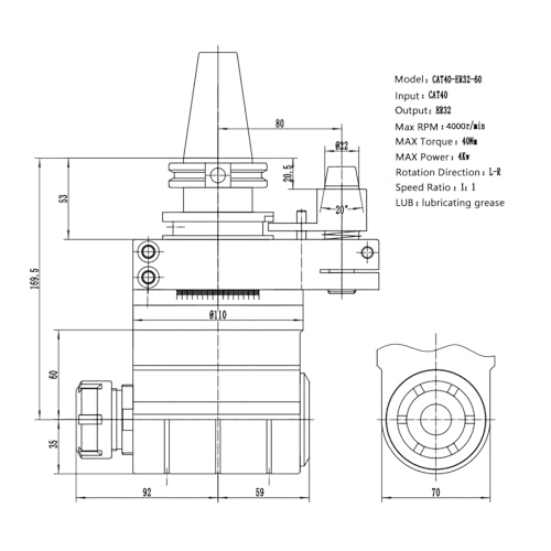 BestParts AG90-CAT40-ER32-60 Mandril con boquilla de cabeza de ángulo fijo, ángulo de 90°, relación de engranaje 1:1, estilo integral de estructura sólida