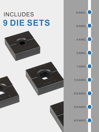 Juego de herramientas para cables hidráulicos industriales de 16 toneladas de 9 AWG a 600 MCM de cable de terminal eléctrico incluye 13 pares de juegos de troqueles