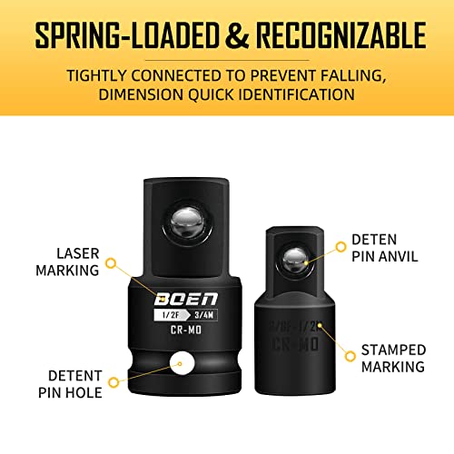 BOEN Juego de adaptador y reductor de enchufe de impacto de 8 piezas, 1/4 pulgadas, 3/8 pulgadas, 1/2 pulgadas, 3/4 pulgadas, juego de adaptadores con funda duradera para conversiones de